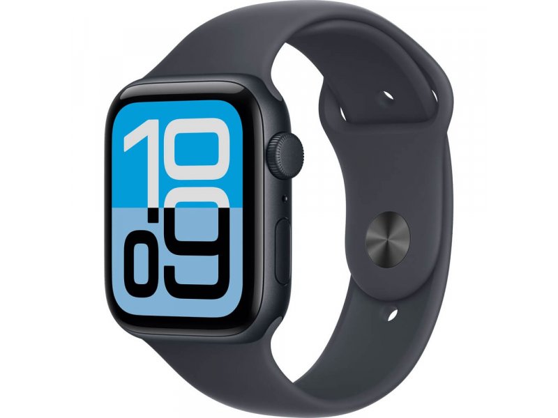 Apple Watch SE 3 2025 44mm тёмная ночь — вид спереди под углом, OLED-экран с циферблатом, алюминиевый корпус