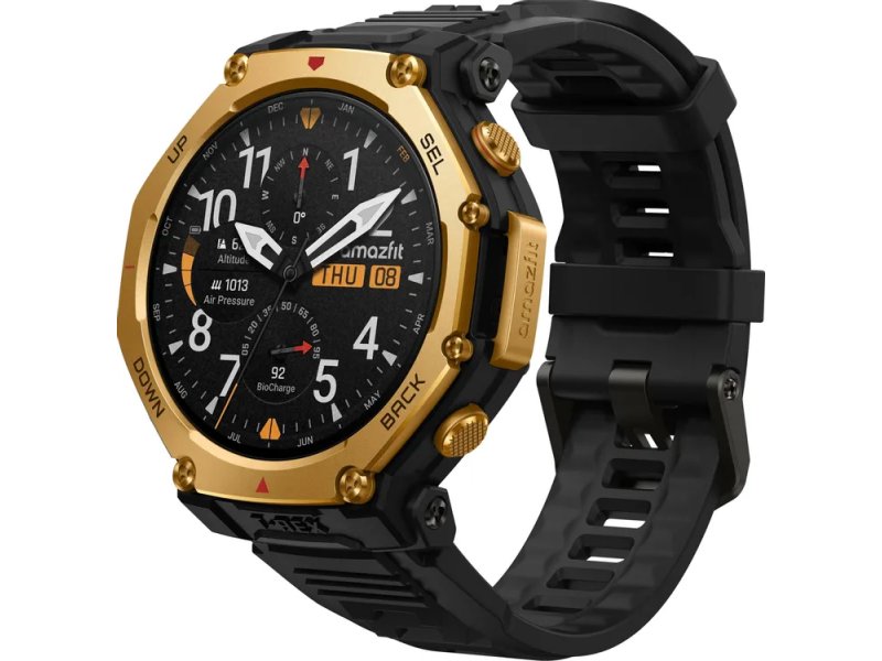Amazfit T-Rex 3 Pro A2444 — золотистый титановый корпус с чёрным силиконовым ремешком, аналоговый циферблат на AMOLED-экране