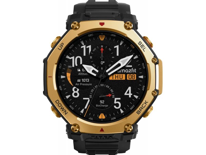 Amazfit T-Rex 3 Pro A2444 — AMOLED-экран 480×480 с аналоговым циферблатом, золотистый корпус с четырьмя угловыми винтами