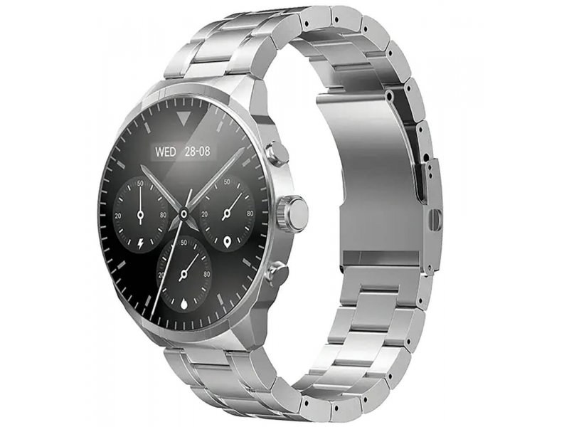 TTEC Tempus Pro 45mm серый — вид спереди, металлический браслет, AMOLED-циферблат с хронографом