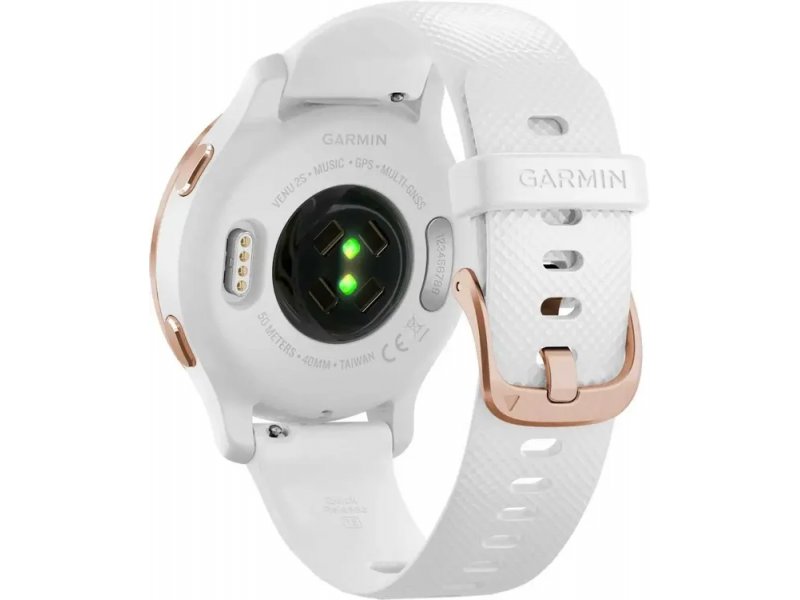 Garmin Venu 2S — задняя панель с оптическим пульсометром и контактами зарядки