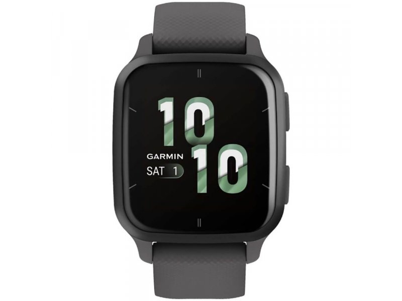 Garmin Venu Sq 2 вид спереди — силиконовый ремешок, квадратный AMOLED-дисплей с датой и циферблатом