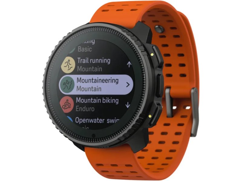 Suunto Vertical Solar Canyon оранжевый на руке — экран со списком спортивных активностей