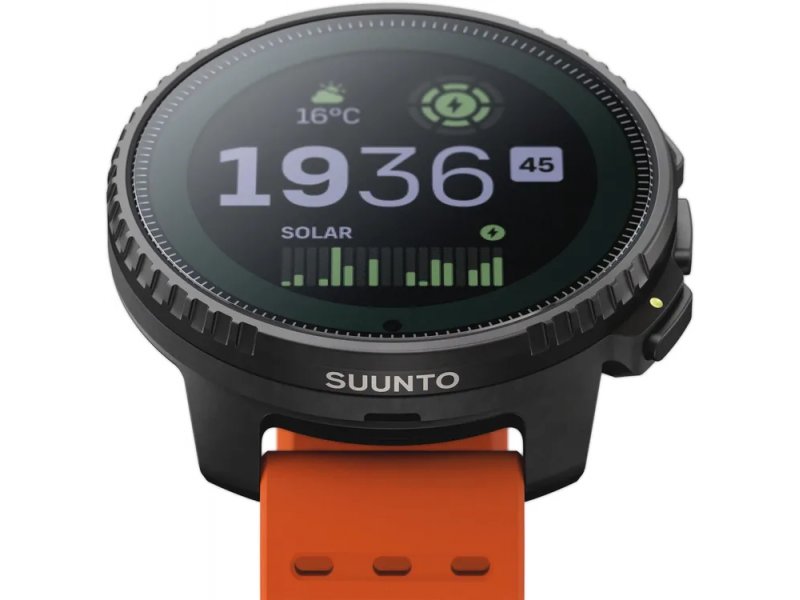 Suunto Vertical Solar Canyon — экран с временем, температурой, солнечной зарядкой и графиком нагрузки