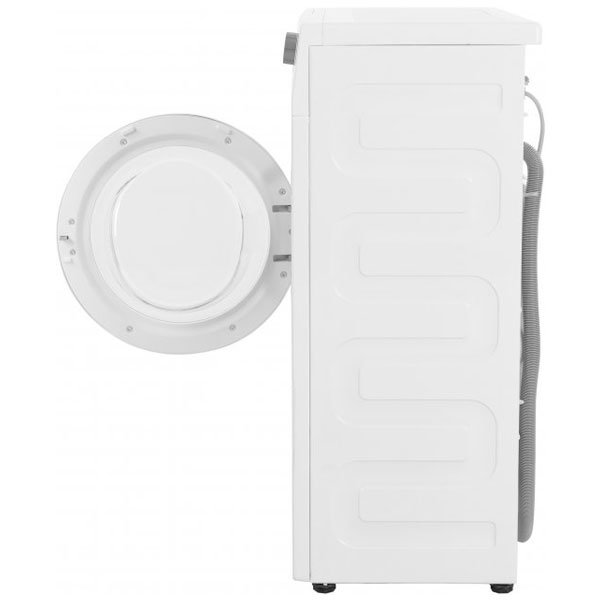 Beko WRS5512BWW вид сзади с открытым люком — шланги и монтажное пространство