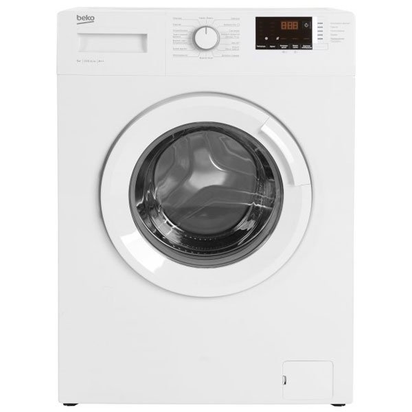 Beko WRS5512BWW вид спереди — белый корпус, дисплей, ручка программ