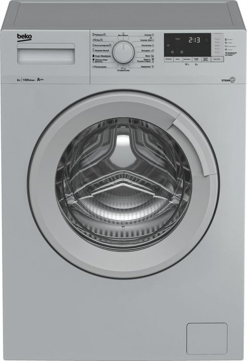 Beko WSRE6512ZSS вид спереди — панель управления с дисплеем, открытый люк с барабаном из нержавеющей стали
