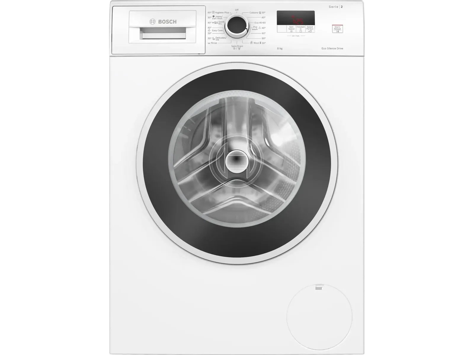 Bosch WGE03200BY вид спереди с открытым люком и электронной панелью управления