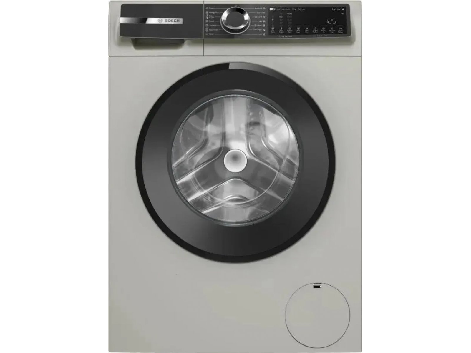 Bosch WGK244ZXME вид спереди &mdash; серый корпус, чёрный люк, электронная панель управления