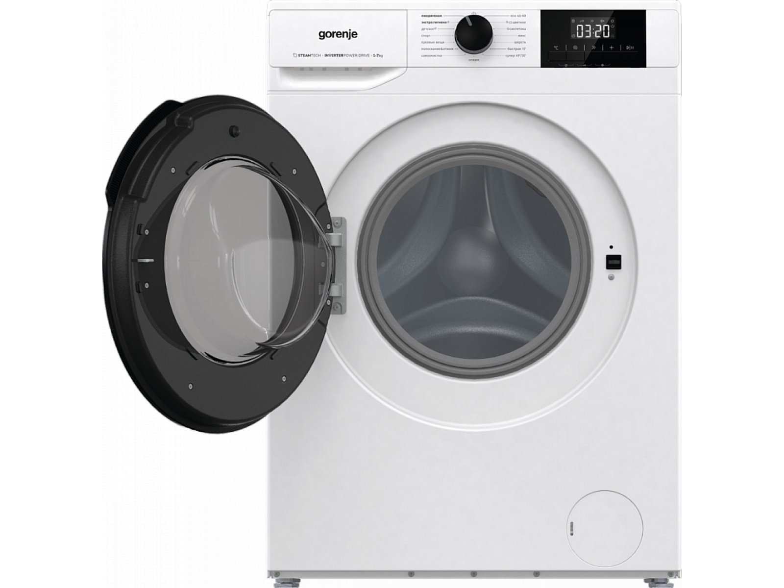 Gorenje W1NGPI72SBS/C — открытый люк с чёрной окантовкой, вид на барабан из нержавеющей стали