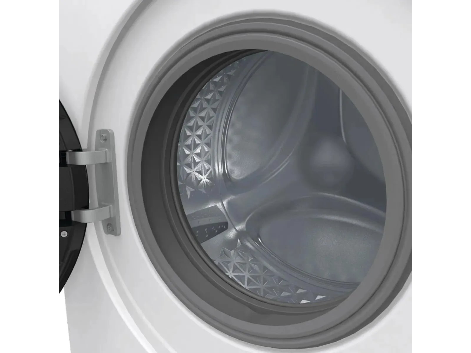 Gorenje W1NGPI72SBS/C — барабан с текстурой SnowFlake из нержавеющей стали, открытый люк с чёрной окантовкой