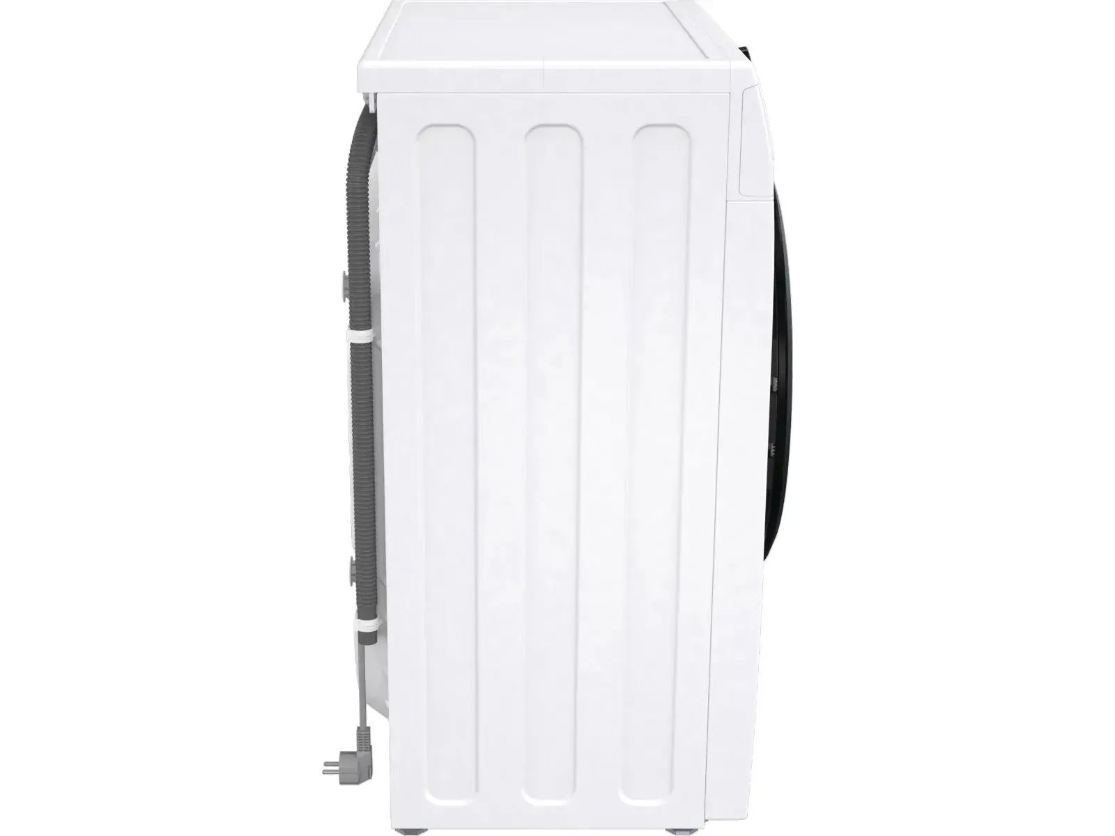 Gorenje W1NGPI72SBS/C — вид сбоку со шлангами подвода воды и электрическим кабелем подключения