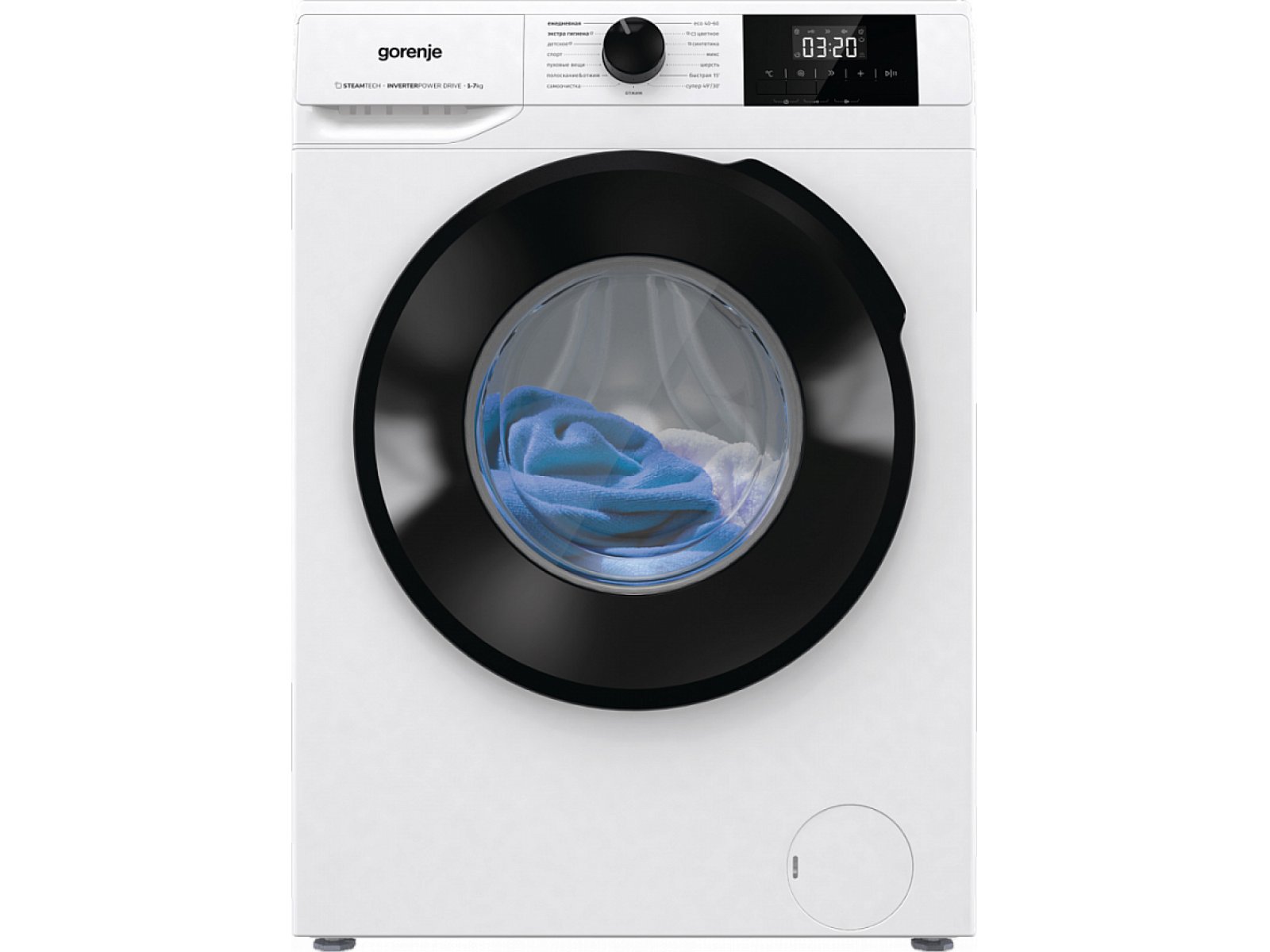 Gorenje W1NGPI72SBS/C — стиральная машина с открытым барабаном и дисплеем на панели управления