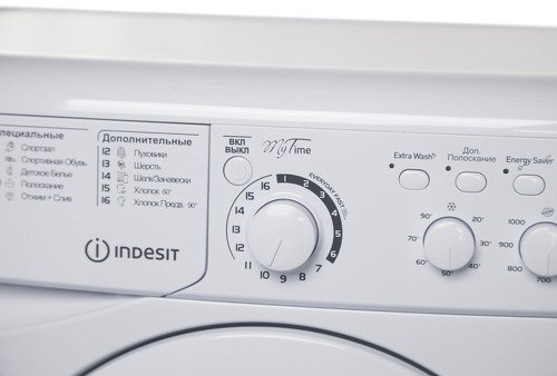 Indesit EWUC 4105 селектор программ — список программ стирки и логотип Indesit