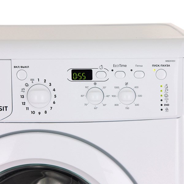 Indesit IWSD 51051 CIS панель управления &mdash; цифровой дисплей, регулятор программ, кнопки управления отсрочкой запуска