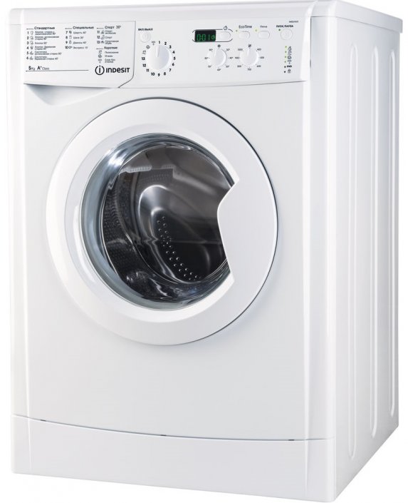 Indesit IWSD 51051 CIS вид спереди &mdash; белый корпус, панель управления с регулятором программ и цифровым дисплеем