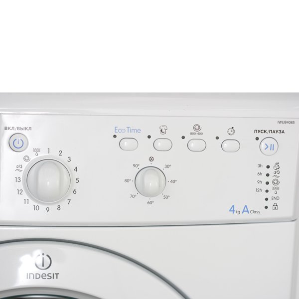 Indesit IWUB 4085 детальный вид панели с обозначением модели &mdash; регуляторы температуры и цикла