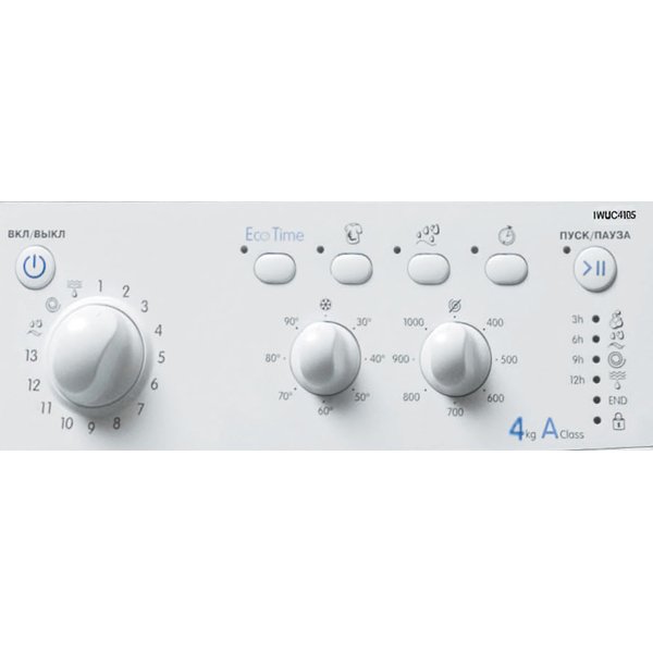 Indesit IWUC 4105 CIS &mdash; панель управления с селектором программ, кнопки быстрого запуска и индикаторы режимов