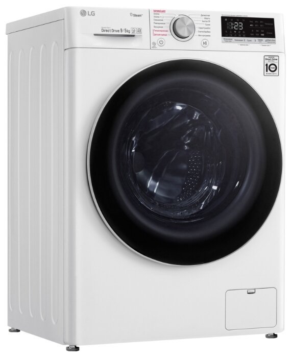 LG AI DD F4V5VG0W вид сбоку под углом — глубина корпуса 59 см с учётом выступающих элементов