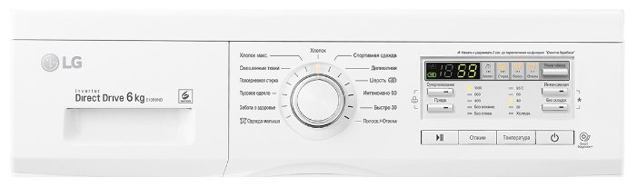 LG F10B8ND панель управления крупным планом &mdash; кнопки, дисплей, ручка программ на русском