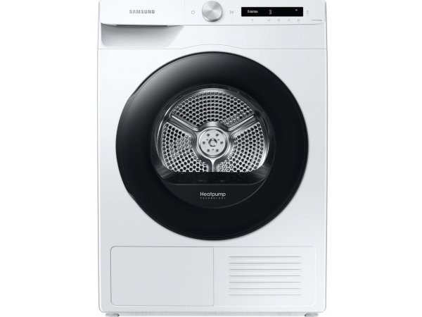 Samsung DV90T5240AW вид спереди &mdash; белый корпус, тепловой насос, загрузка 9 кг
