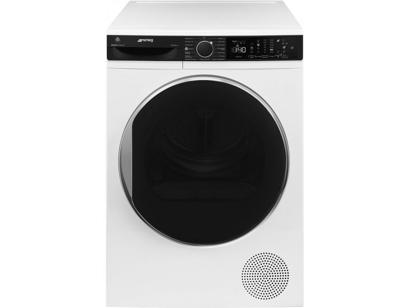 Smeg DT393RU4 вид спереди &mdash; белый корпус, чёрная панель управления, большой круглый люк