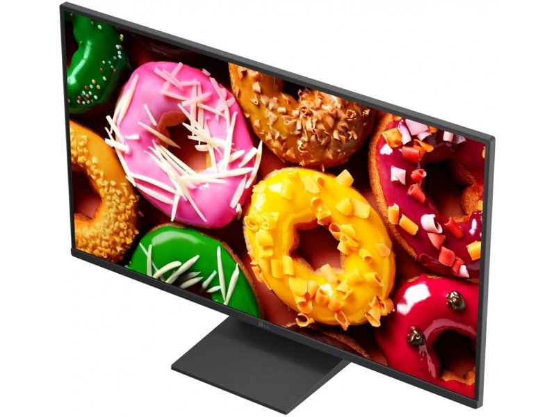 LG 27LB70006LA вид в перспективе слева, тонкий корпус и подставка, экран включён