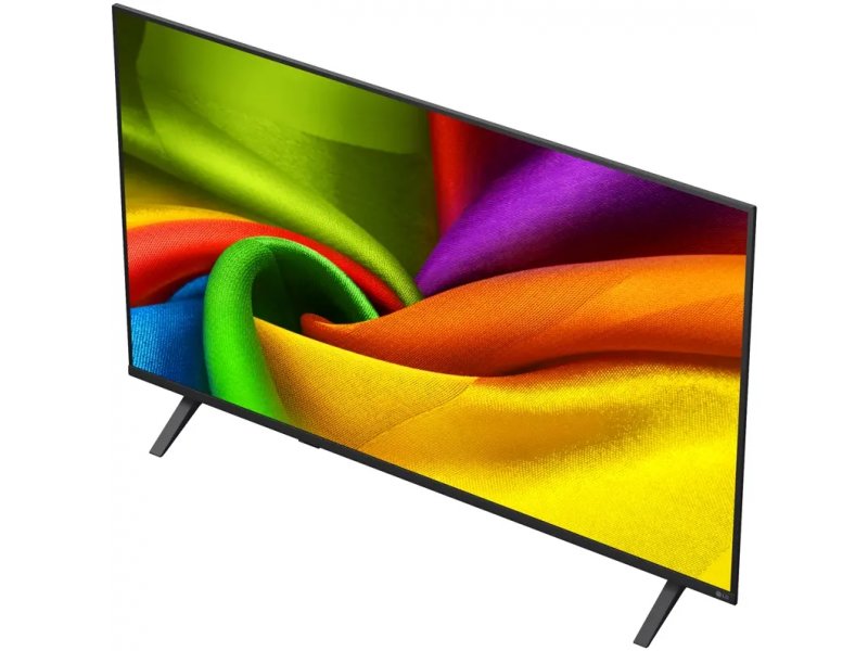 LG 43NU900B6LA — перспективный вид с левой стороны, демонстрация глубины корпуса и подставки