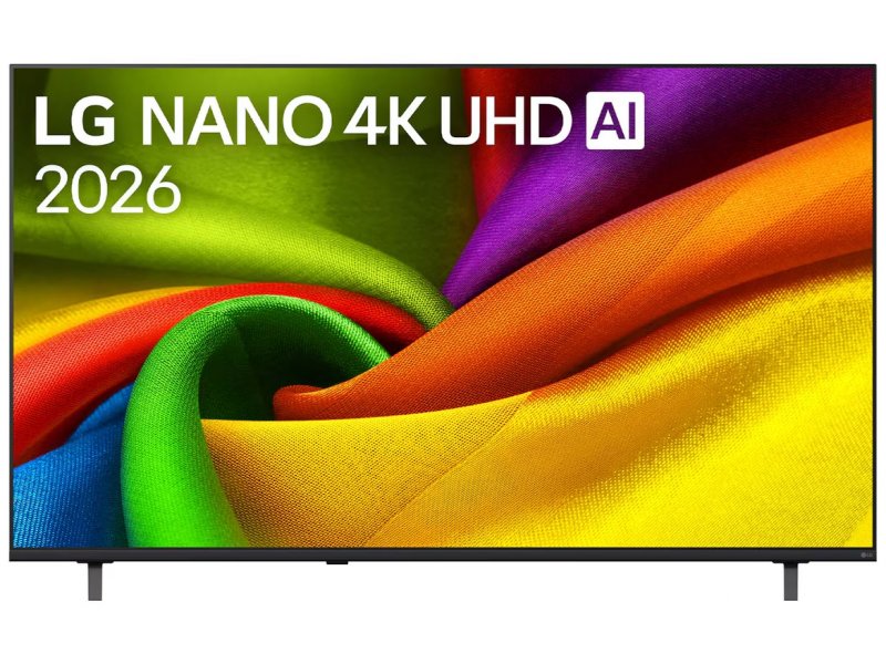 LG 75NU900B6LA NanoCell 75 дюймов — вид спереди на подставке, экран включён