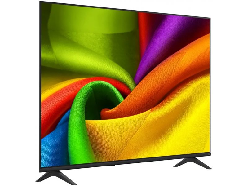 LG 85NU900B6LA — вид спереди под углом, минималистичная подставка с распорками