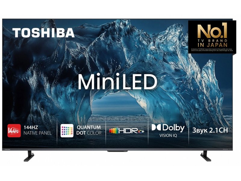 Toshiba 55Z680SE Mini LED телевизор 55 дюймов — вид спереди на подставке с включённым экраном