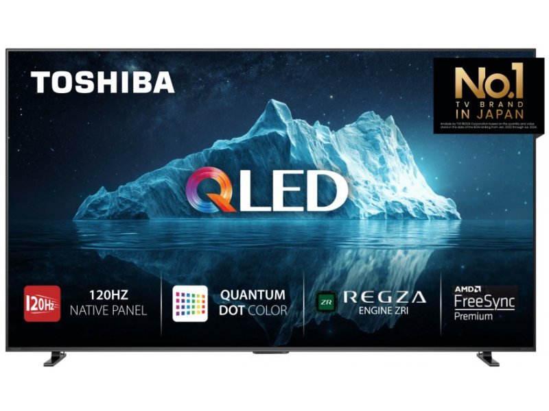 Toshiba 65Z570SE 65 дюймов — вид спереди на подставке, экран с демо-контентом, подсветка QLED