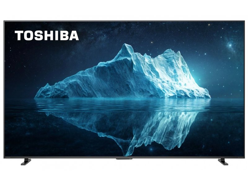 Toshiba 65Z670RE вид спереди на подставке, экран с демонстрационным контентом