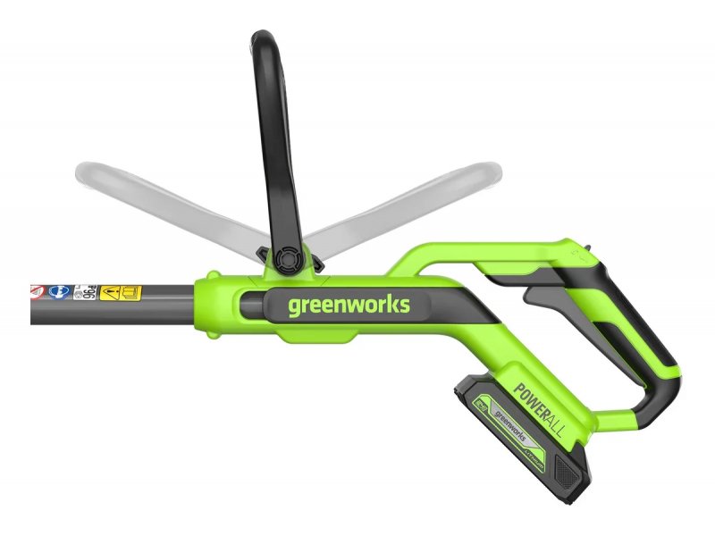 Greenworks G24LT301 боковой вид — катушка с леской, угловой профиль прямой штанги