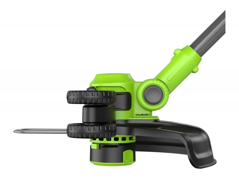 Greenworks G24LT301 головка крупным планом — механизм с двумя режущими элементами, быстрая смена насадок