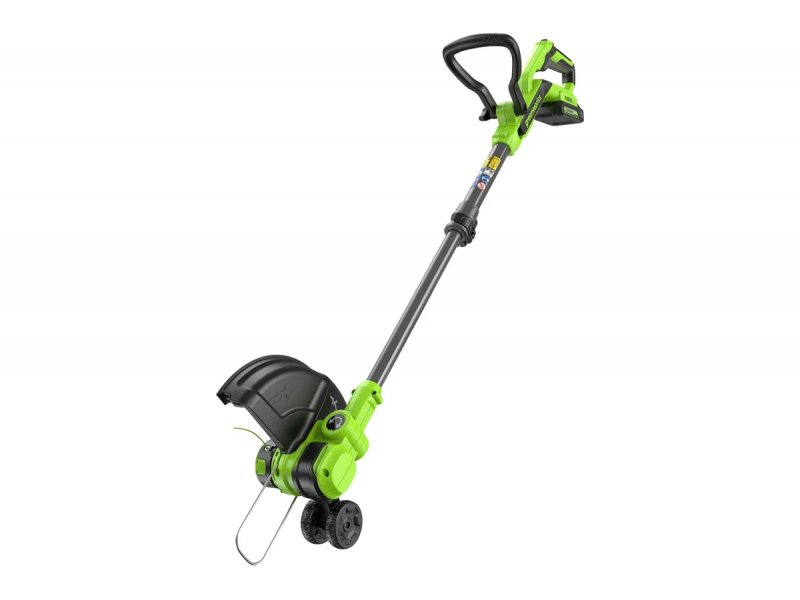 Greenworks G24LT301 вид под углом — компактный портативный форм-фактор, D-образный захват рукоятки