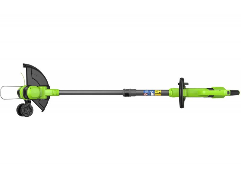 Greenworks G24LT301 полный вид в профиль — длина штанги, расположение мотора и рукоятки