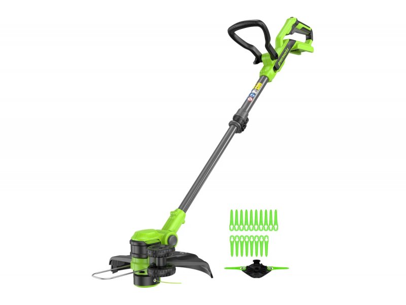 Greenworks G40LT331 аккумуляторный триммер с прямой штангой и режущей головкой — общий вид