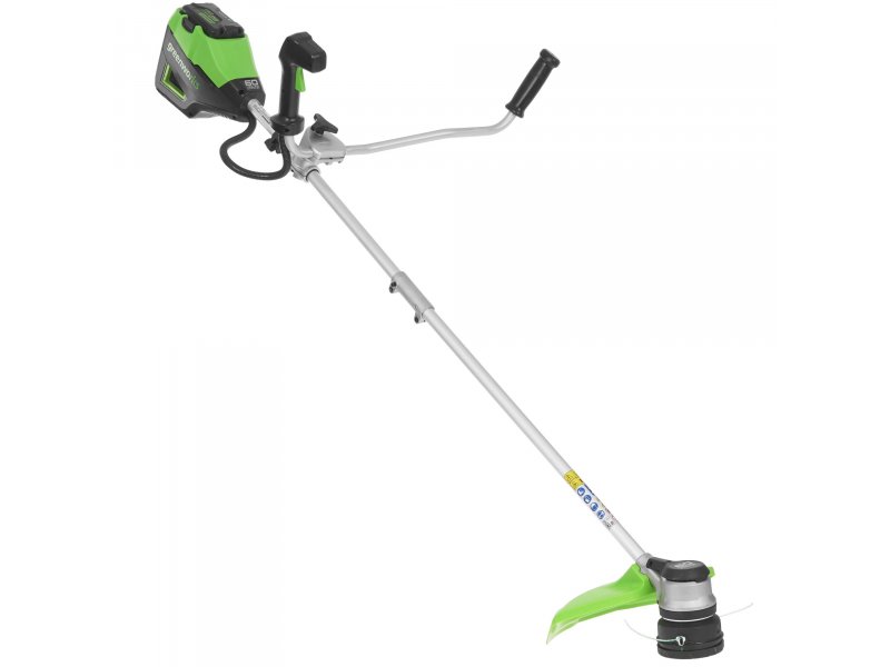 Greenworks GD60BCBK4 60V общий вид в сборе — зелёный корпус, нижний привод, U-образная рукоятка