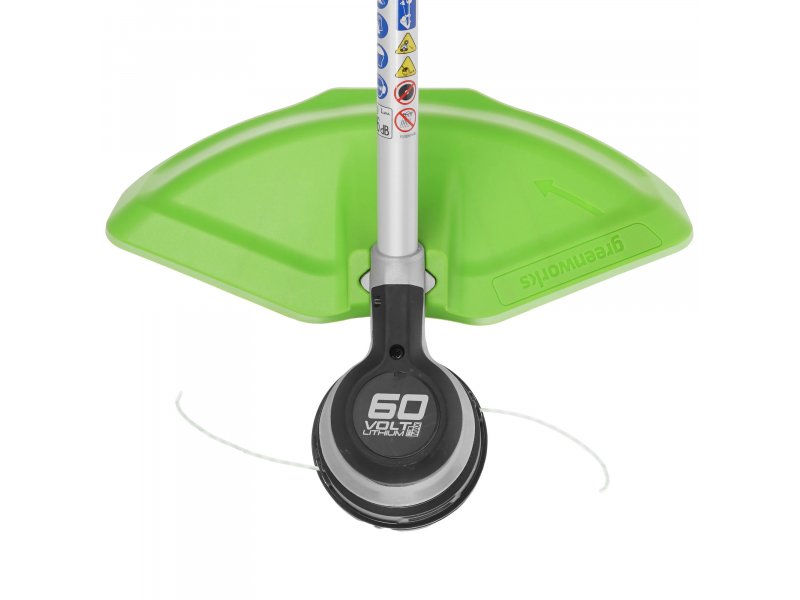 Greenworks GD60BCBK4 режущая головка — кожух, круглая база с логотипом 60V, вид спереди