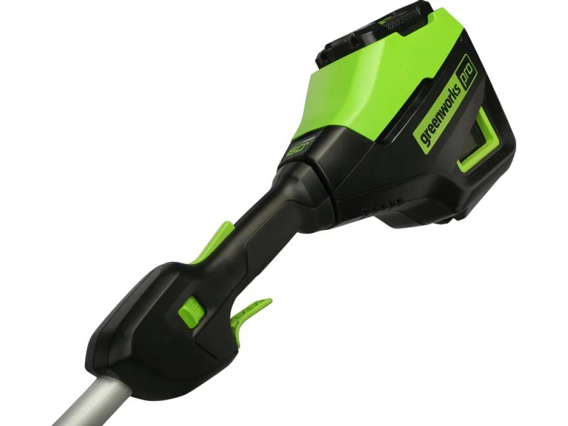 Greenworks PRO 60V аккумулятор — боковая панель с логотипом и крепление на штангу GD60LT