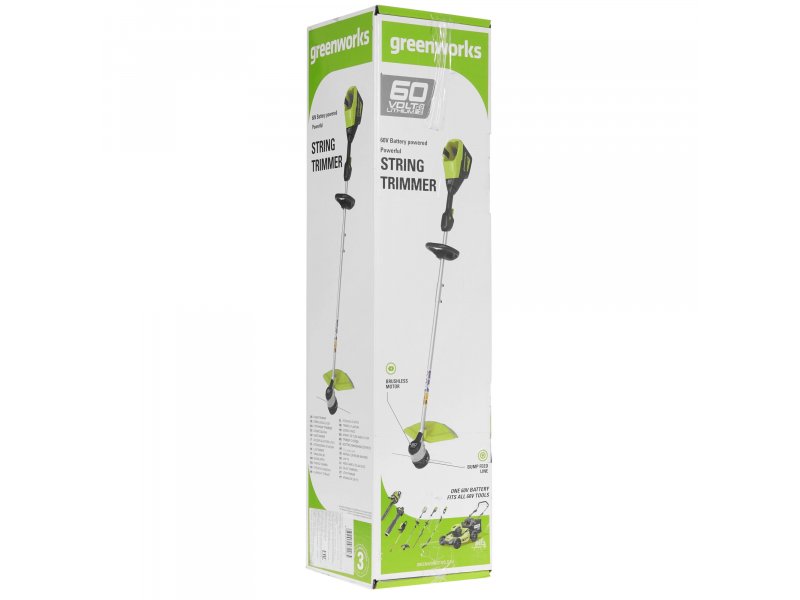 Greenworks GD60LTK4 упаковка картонная коробка с изображением триммера и логотипом Greenworks