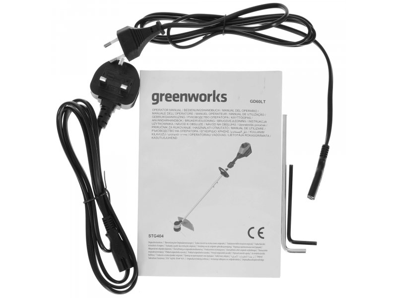 Greenworks GD60LTK4 комплектация: зарядное устройство, кабель и инструкция по эксплуатации