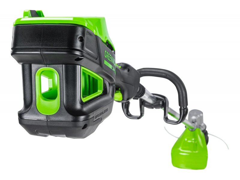Greenworks GD82LTK2 — моторный блок и аккумулятор 82 В в верхней части, органы управления
