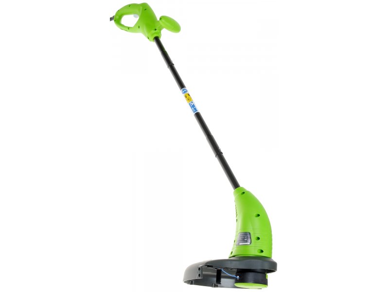 Greenworks GST2830 280W электрический триммер вид спереди зелёный корпус прямая штанга