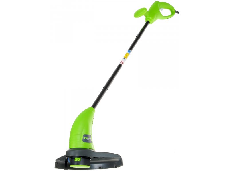 Greenworks GST2830 280W триммер общий вид под углом конструкция режущее основание