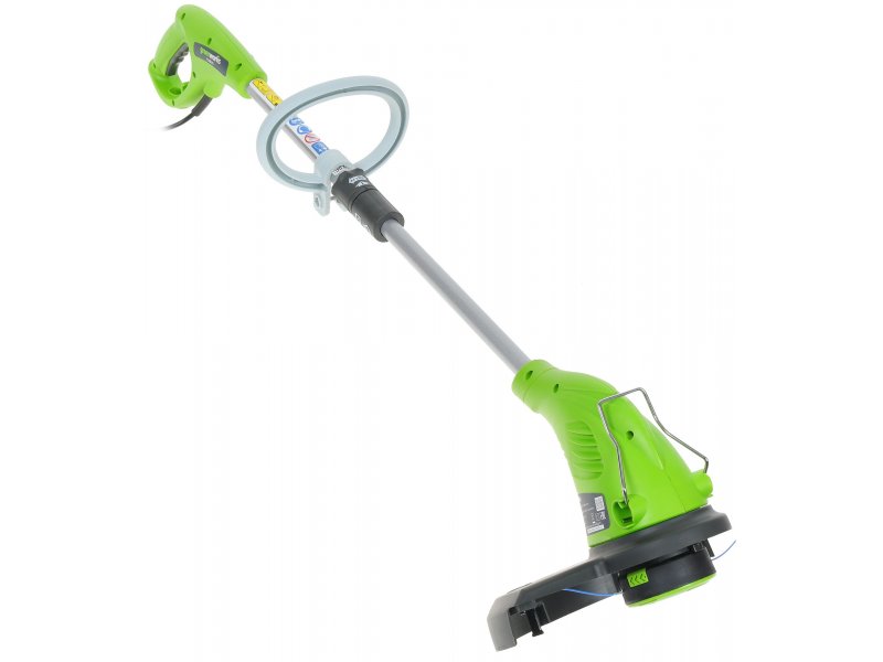 Greenworks GST5033 500 Вт &mdash; общий вид электрического триммера в сборе, зелёный корпус, D-образная рукоятка, катушка с леской