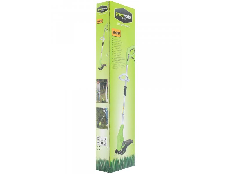 Greenworks GST5033 &mdash; упаковка с маркировкой 500 Вт и фотографиями применения
