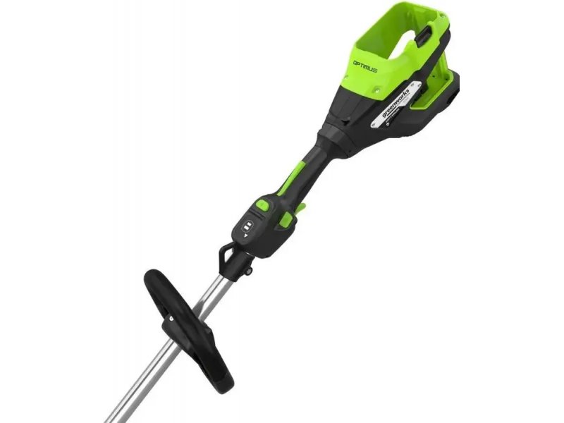 Greenworks ST121 полный профиль сбоку, рукоятка управления, аккумулятор сверху, режущая насадка внизу