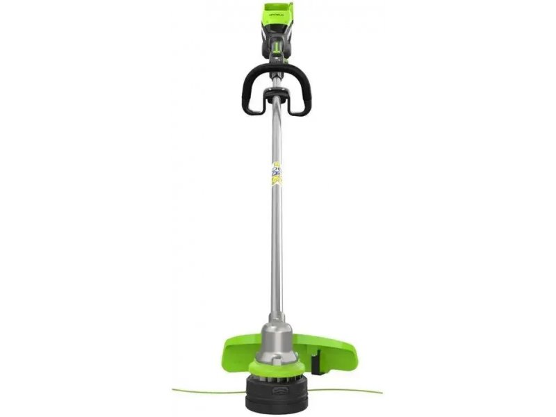 Greenworks ST121 вертикальный профиль полностью, аккумулятор сверху, триммерная насадка снизу